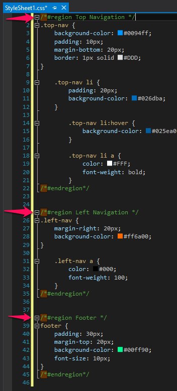 Utilizzo delle region in css visualstudio